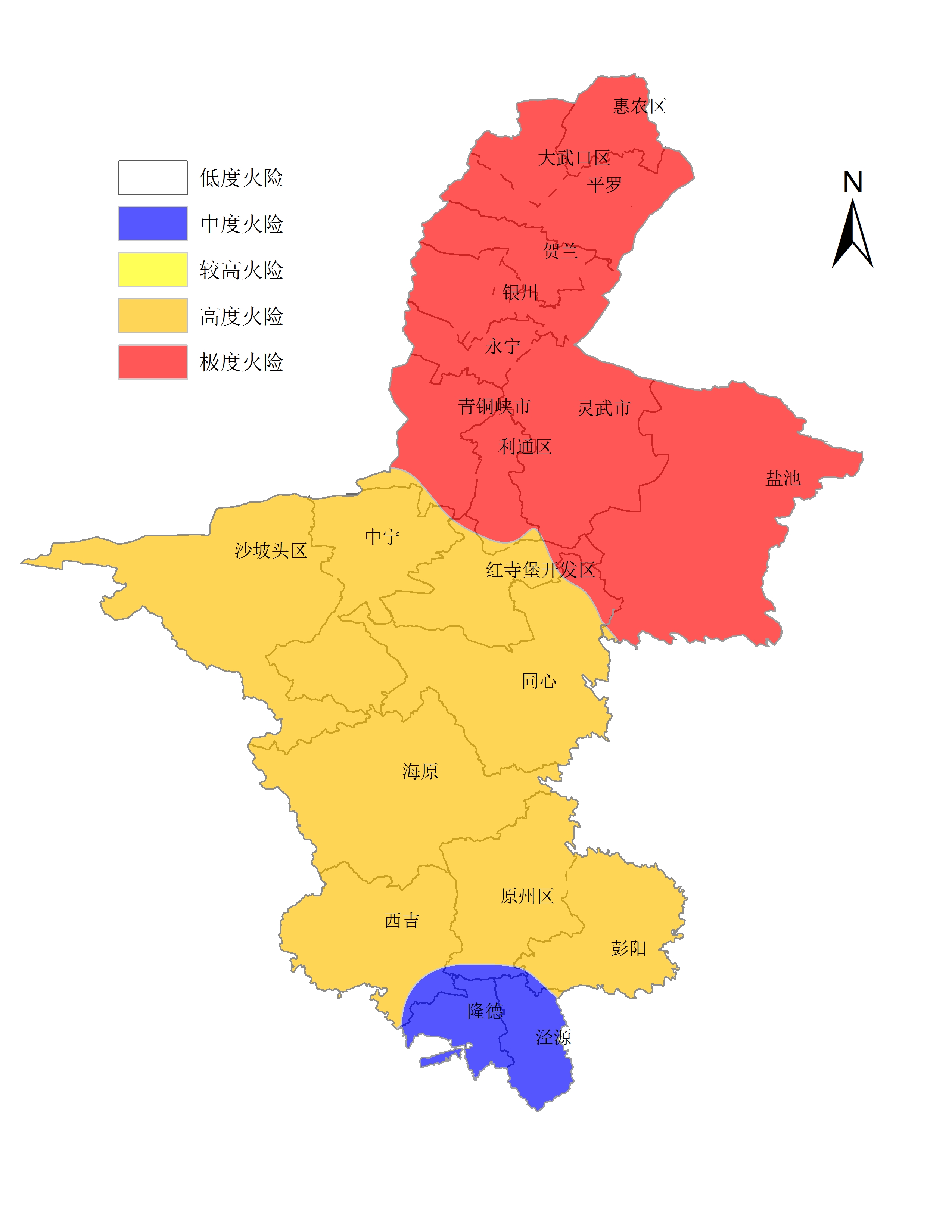 吴忠市东部及北部林火气象风险等级为5级,极度火险;吴忠市南部,中卫市